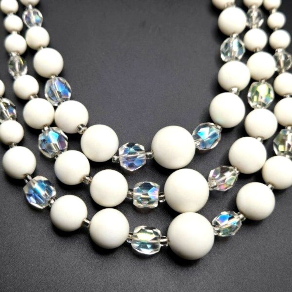 Vintage 50s White Lucite and Irridescent Crystal 3-Strand Wedding Necklace Japan